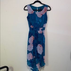 Bluish Green Floral Hi-Lo Dress Sleeveless Smocked Waist Boho Romantic